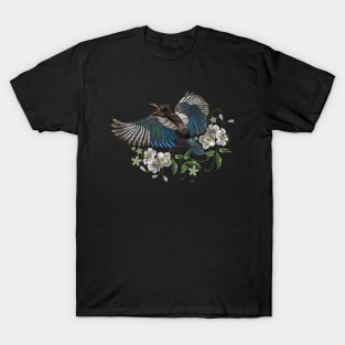 Magpie bird flower embroider T-Shirt